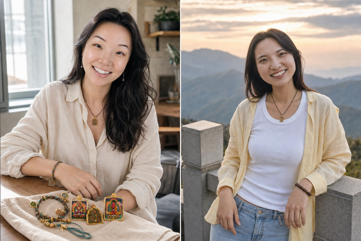 Isabel Tran and Suzy Liu wearing Eastern Luck Thangka jewelry