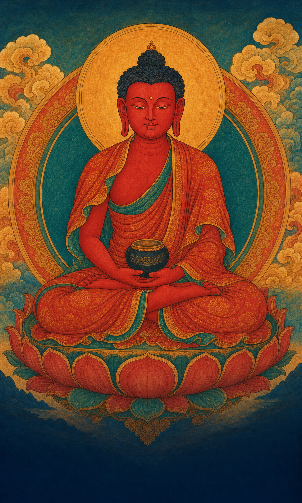 Ruby-red Amitabha Buddha seated in meditation with an alms bowl and golden halo
