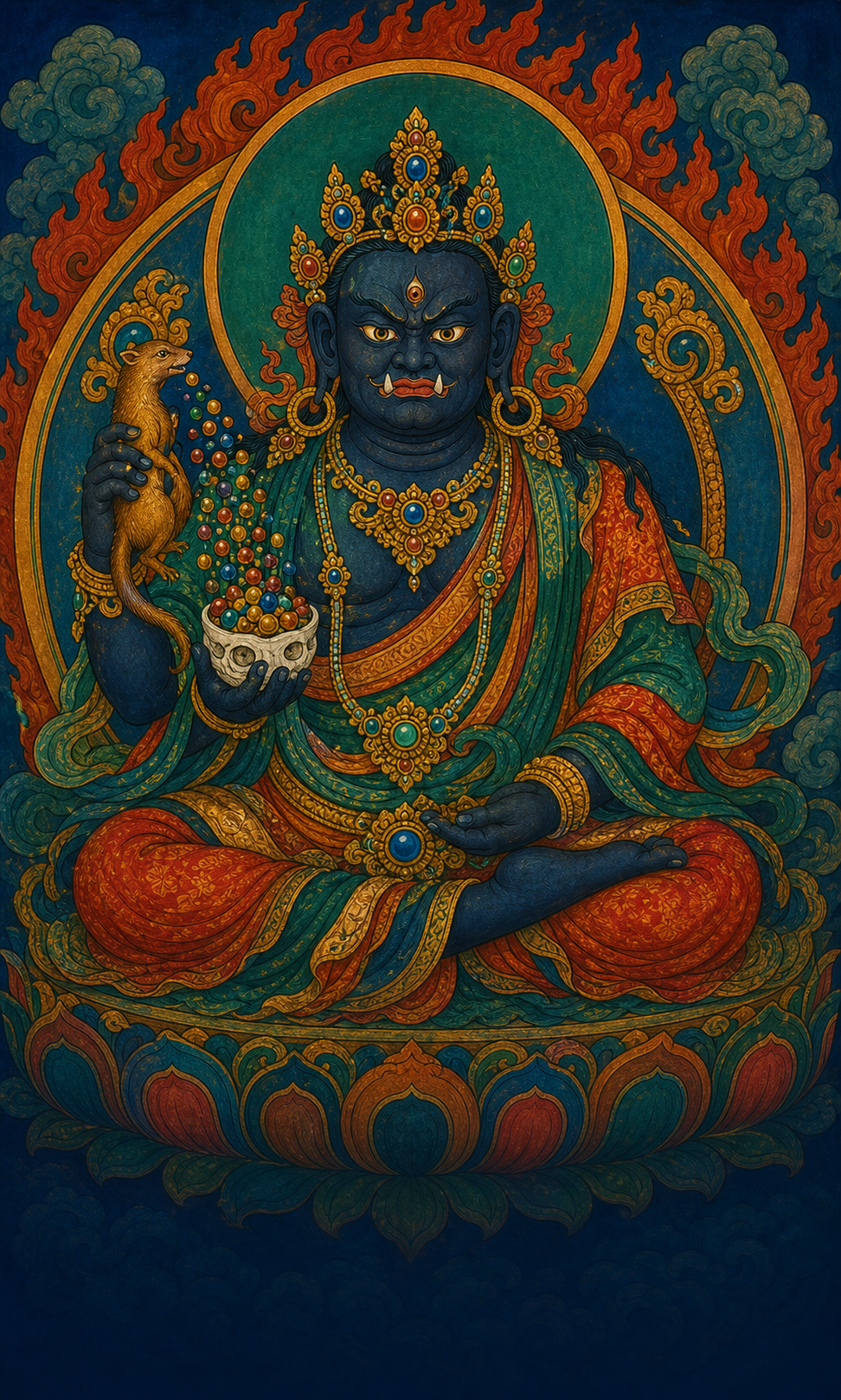 Black Jambhala holding a jewel-spouting mongoose in a vivid indigo and gold painting