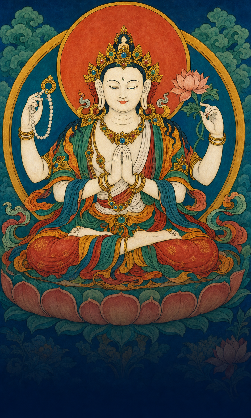 Four-Armed Avalokiteshvara holding prayer beads and lotus with hands joined at the heart