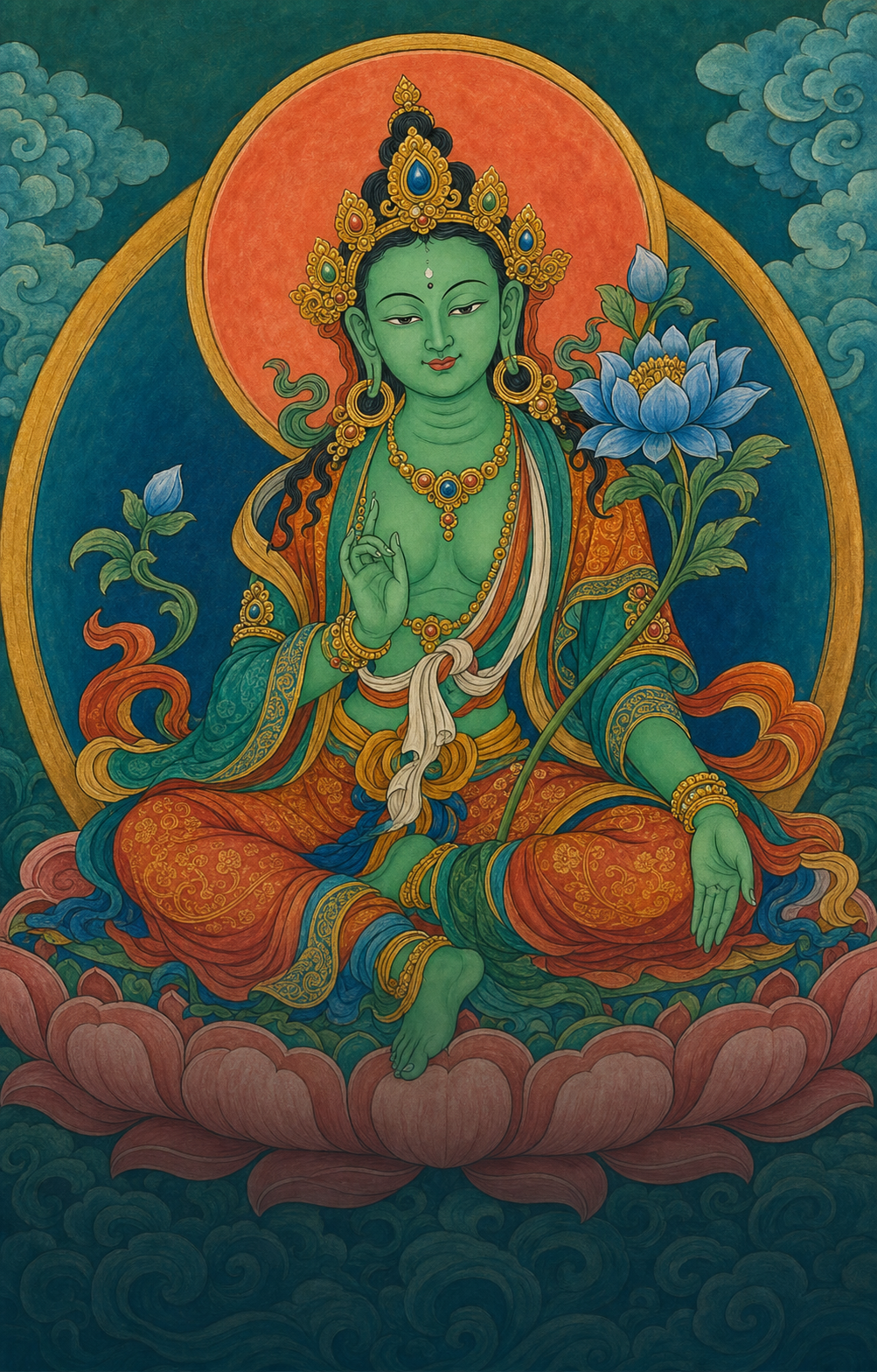 Green Tara seated on a lotus with one foot extended, painted in green, coral, blue, and gold