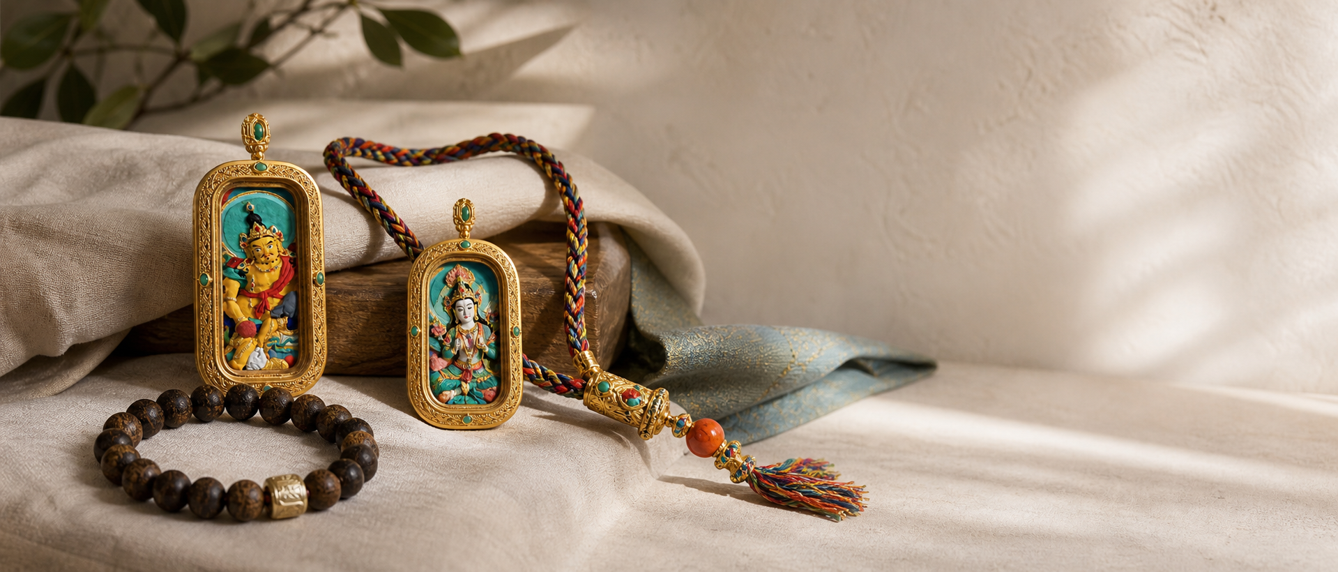 Thangka pendants, cord, and bracelet styled together