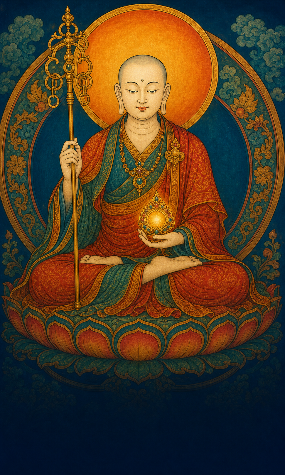 Ksitigarbha holding a ringed pilgrim staff and luminous wish-fulfilling jewel