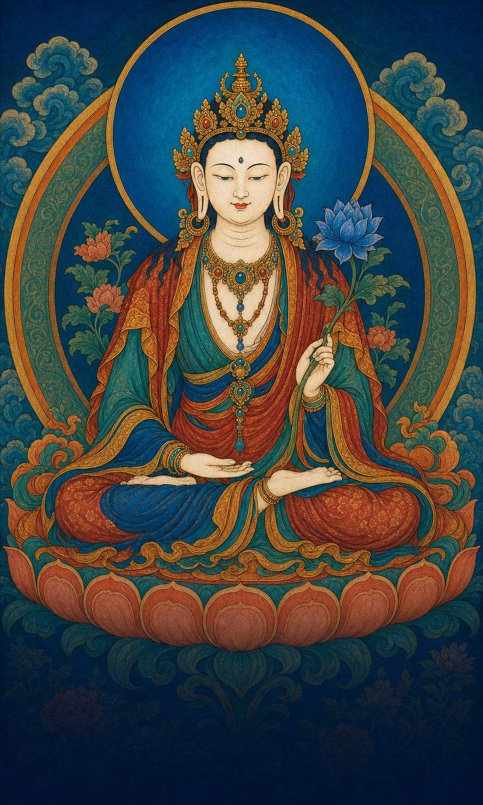 Mahasthamaprapta Bodhisattva with a water-vase emblem in the crown and blue lotus