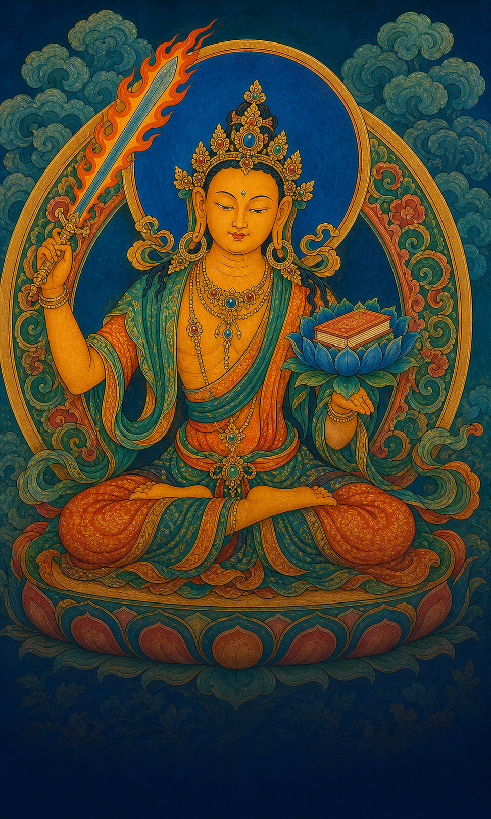 Manjushri raising a flaming sword of wisdom beside a lotus supporting a sacred book