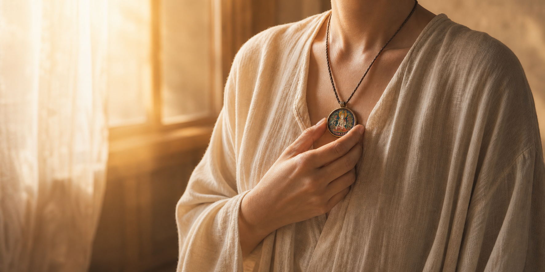 A hand holding a meaningful Thangka pendant in warm window light