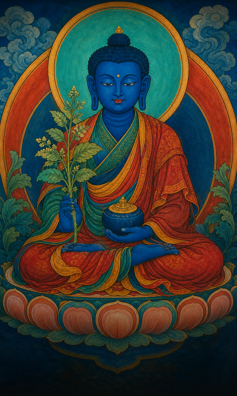 Lapis-blue Medicine Buddha holding a medicinal plant and healing bowl