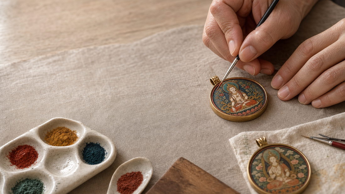 An artisan hand-painting an ornate pendant