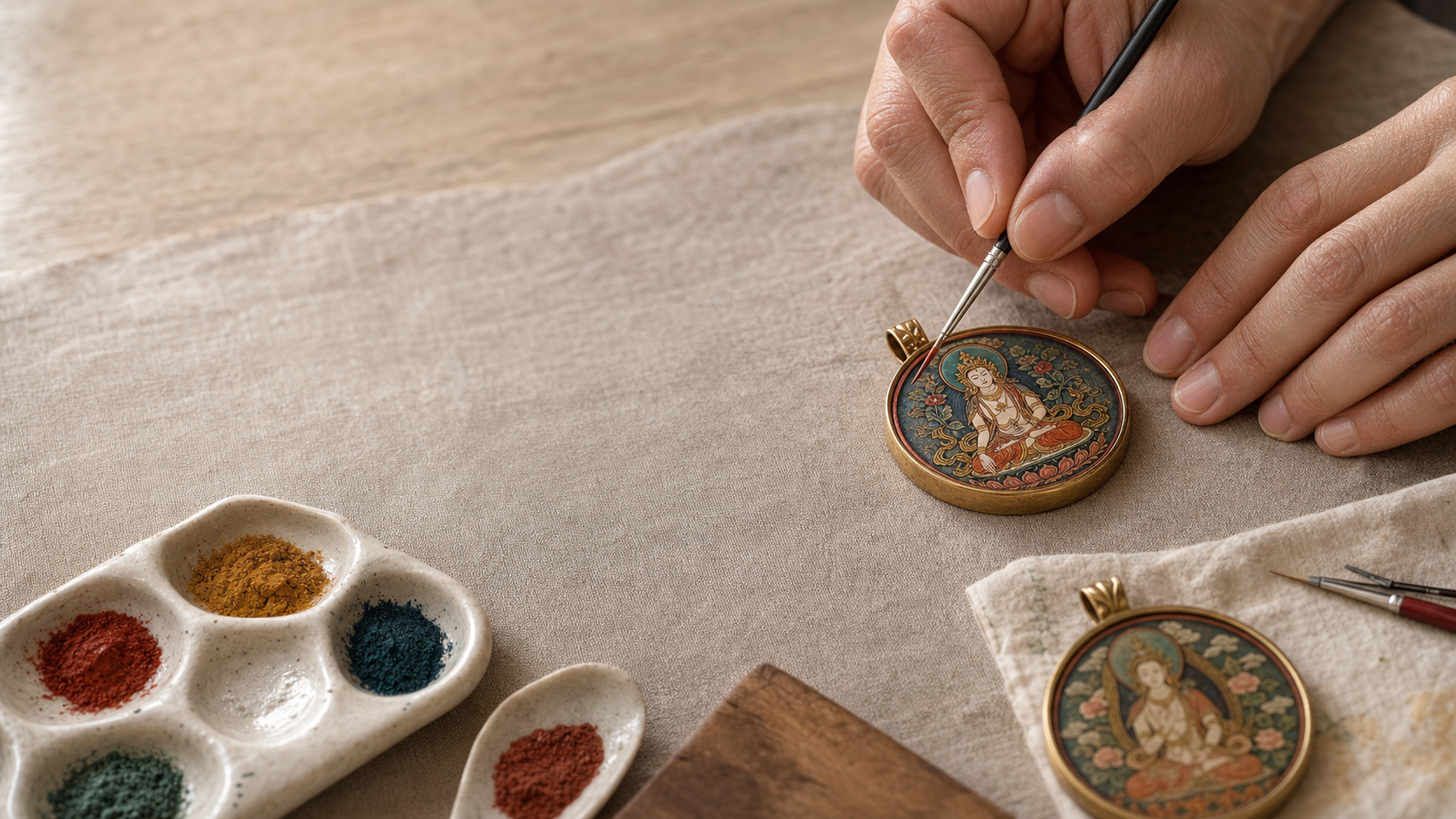An artisan hand-painting an ornate pendant