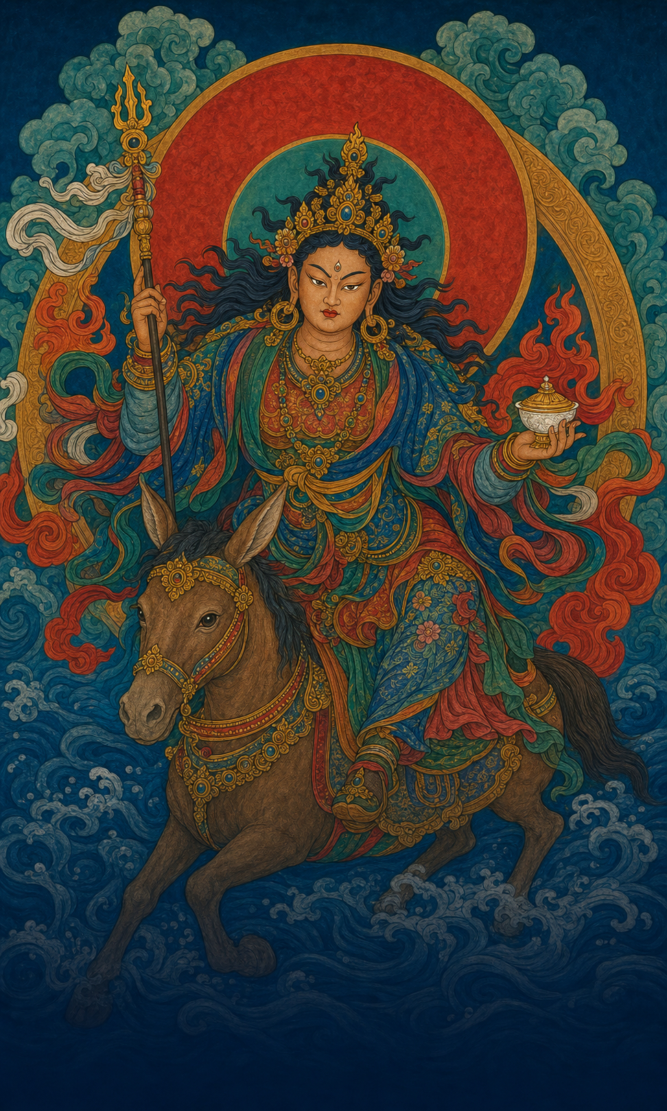 Palden Lhamo riding a mule across a dark blue sea in a vibrant protector painting