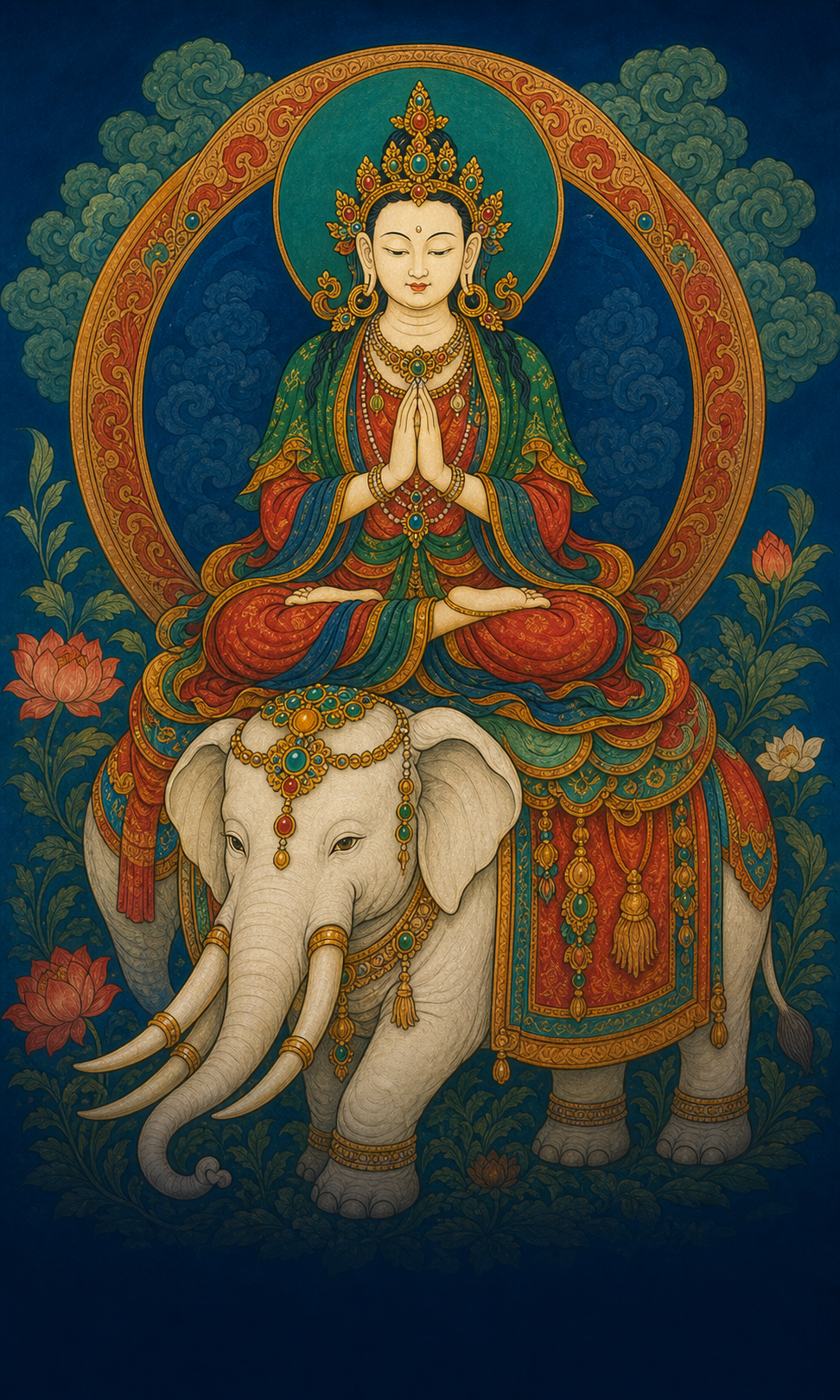 Samantabhadra Bodhisattva seated above a white six-tusked elephant