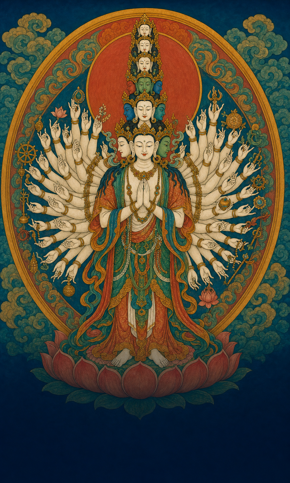 Thousand-Armed Avalokiteshvara with eleven faces and a radiant fan of compassionate hands