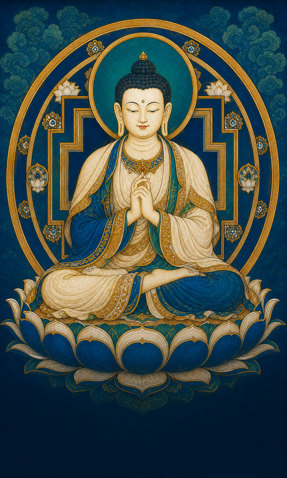 Vairocana Buddha seated at the center of a blue and gold geometric mandala
