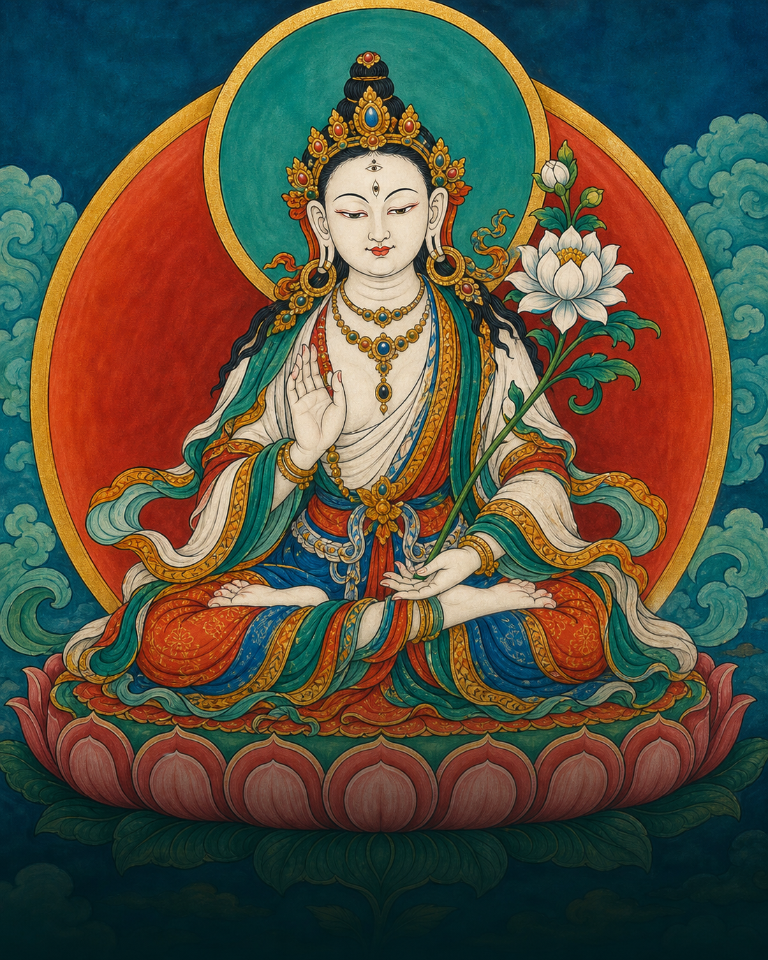White Tara with seven symbolic eyes and a white lotus in a colorful traditional painting