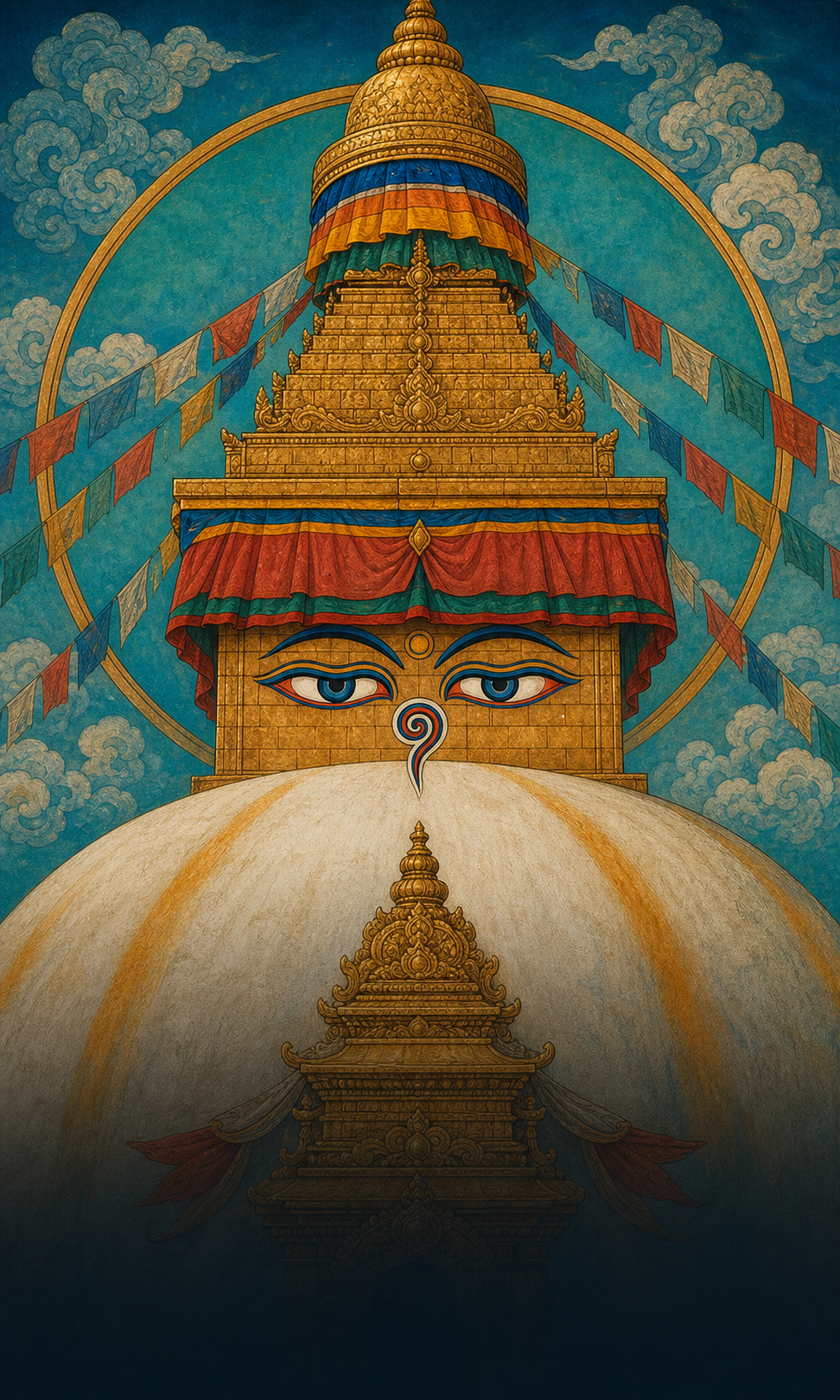 The painted wisdom eyes on the golden tower of Boudhanath Stupa beneath prayer flags