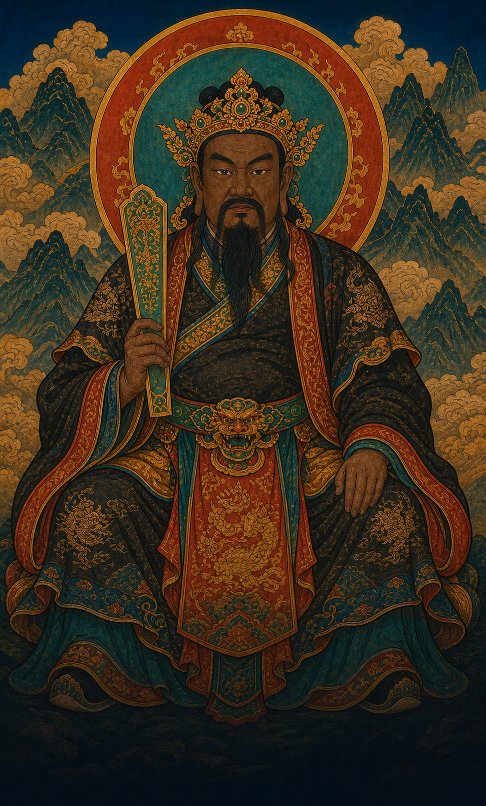 Wuye in dark ceremonial robes before the five peaks of Mount Wutai