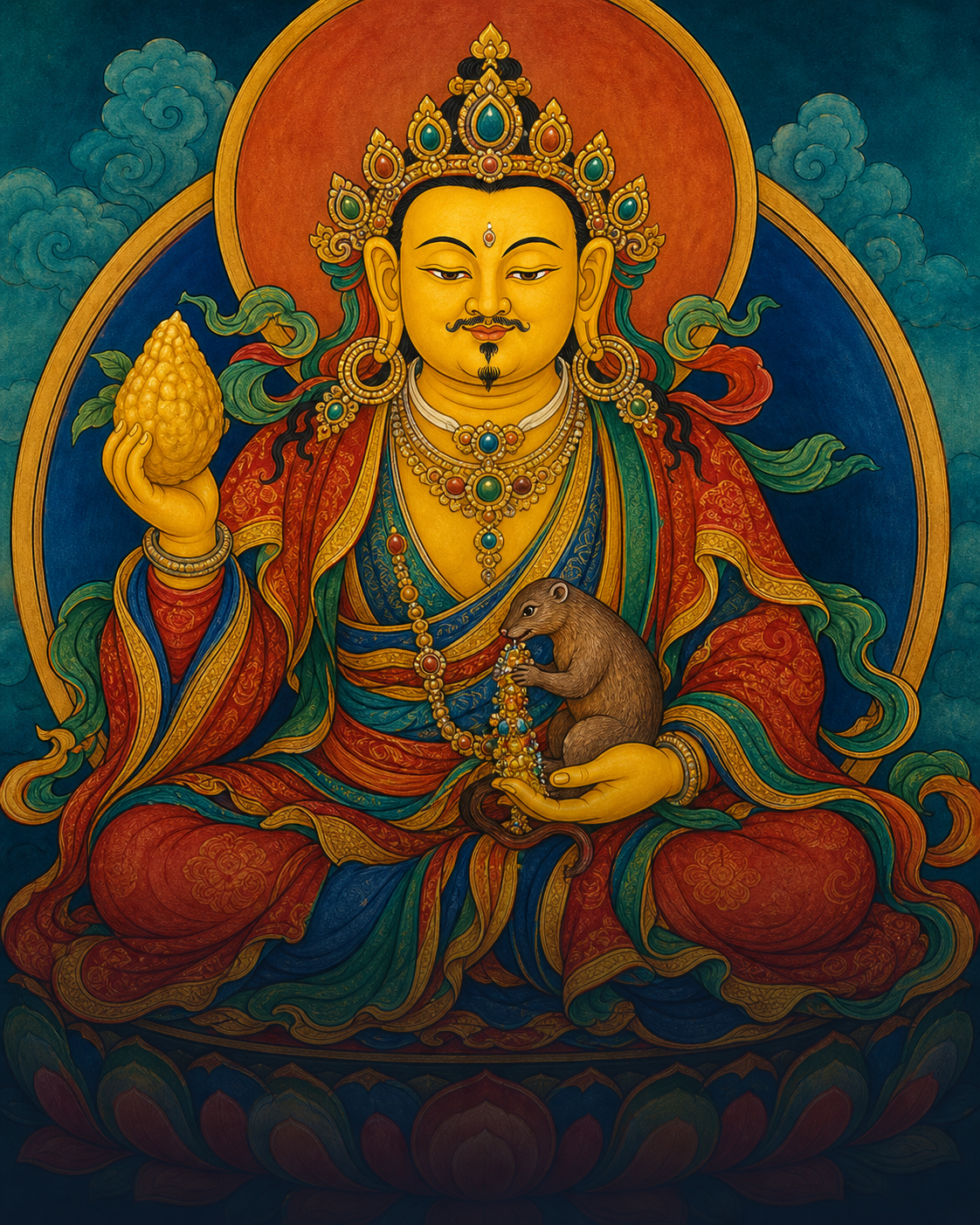 Yellow Jambhala holding a citron fruit and jewel-spouting mongoose in a vivid traditional painting