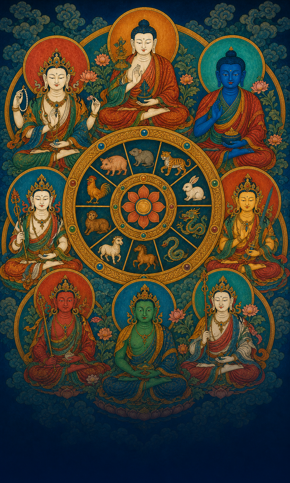 Eight Buddhist guardian figures arranged around a twelve-animal zodiac wheel