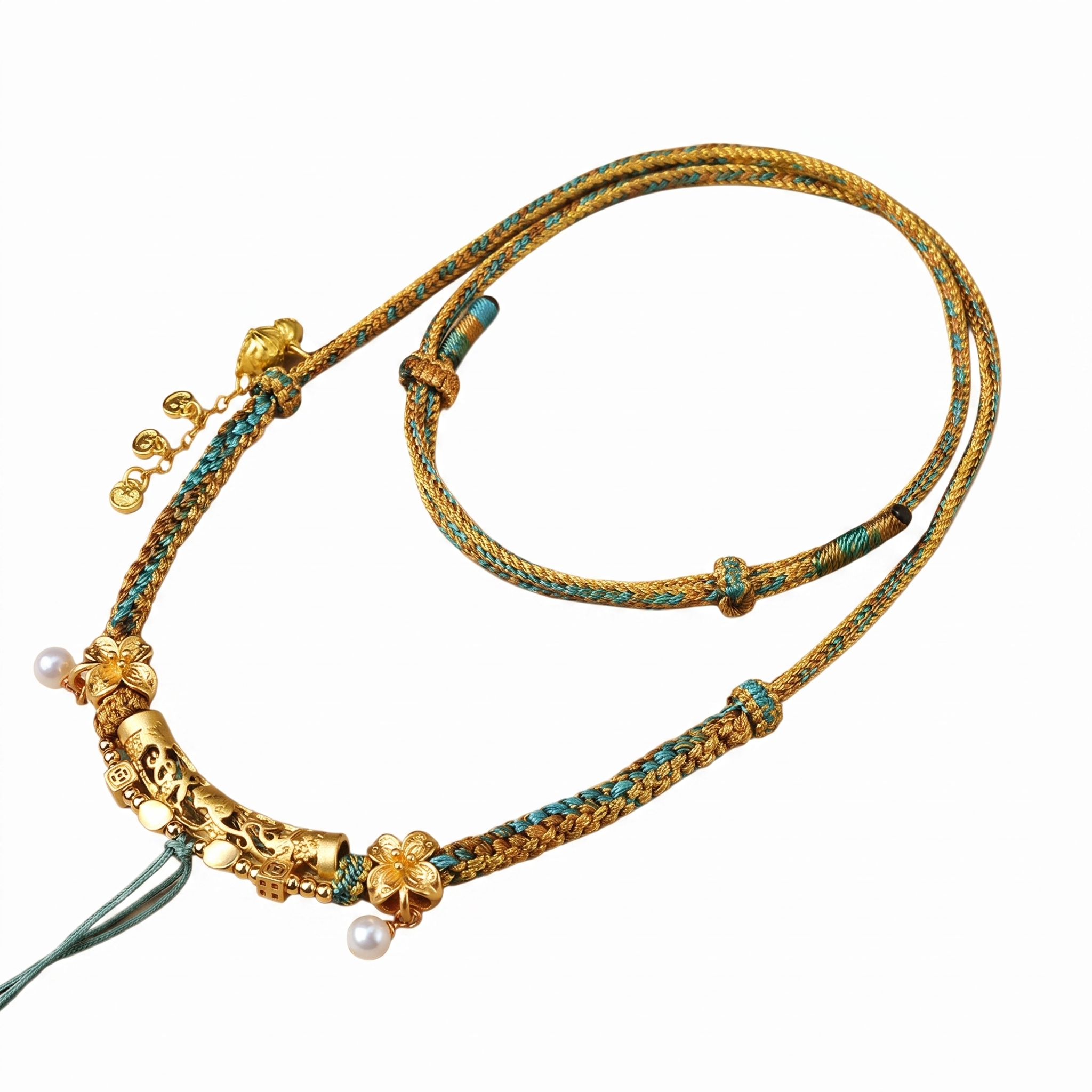Handwoven Peach Blossom Knot Cord, Five Path Blessing — product on white background