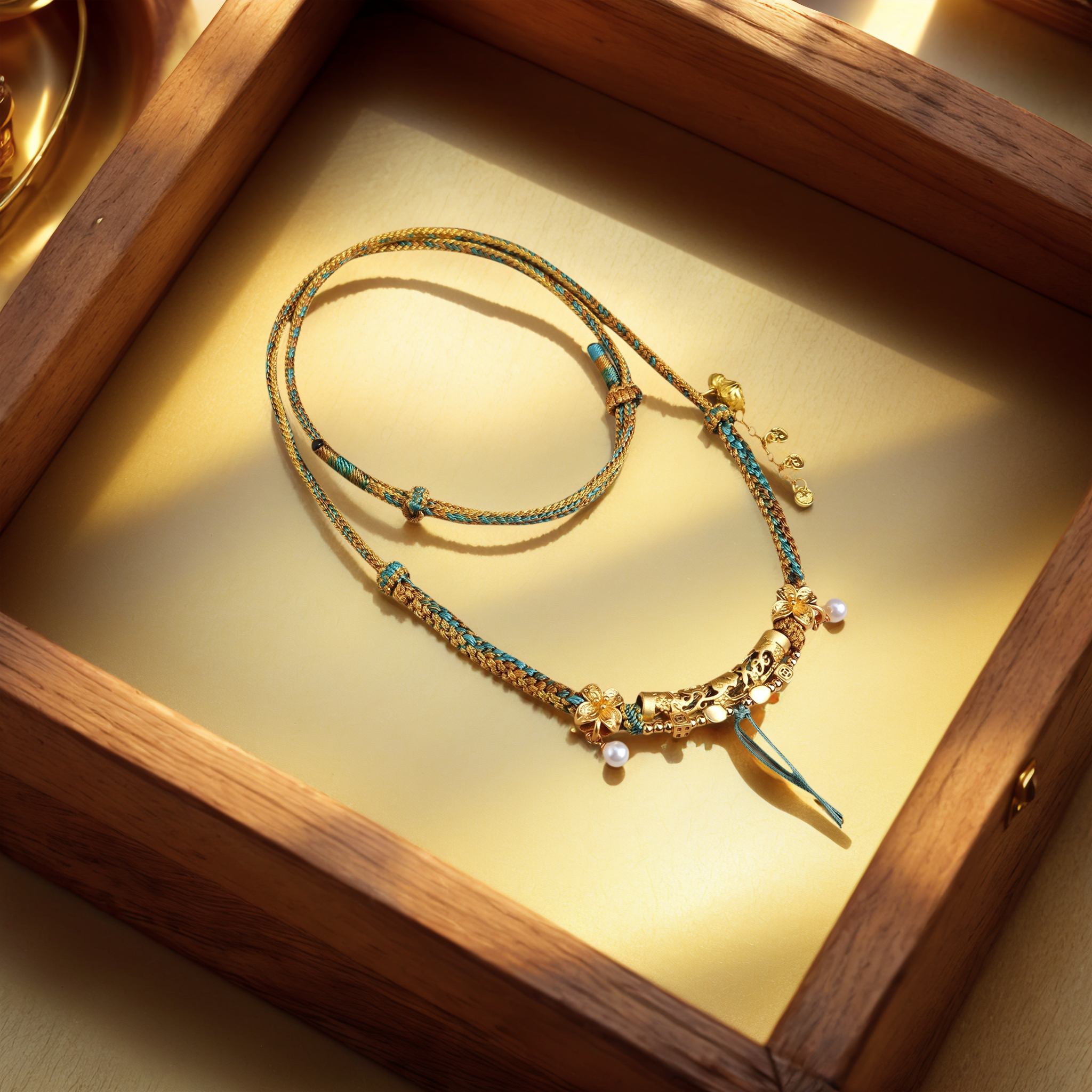 Handwoven Peach Blossom Knot Cord, Five Path Blessing — lifestyle view