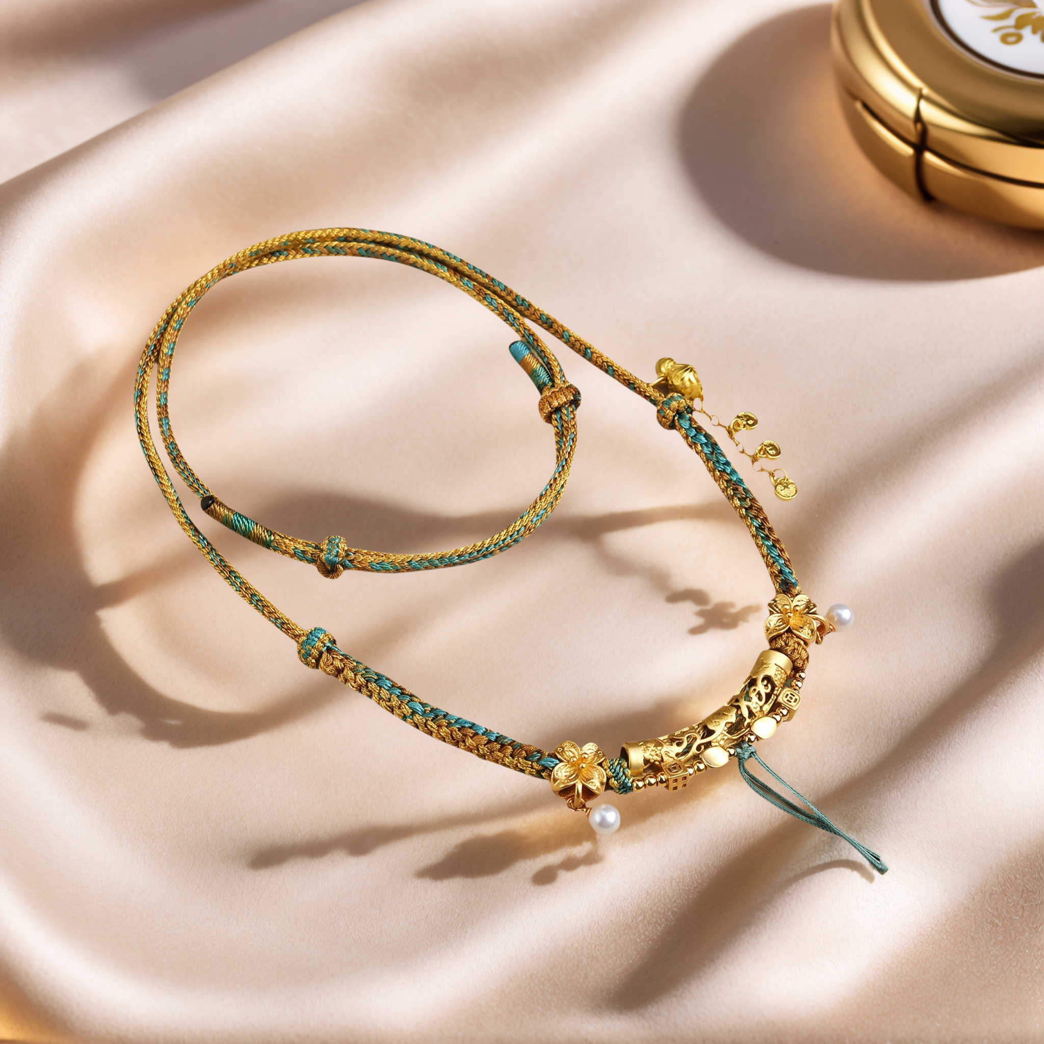 Handwoven Peach Blossom Knot Cord, Five Path Blessing — lifestyle view