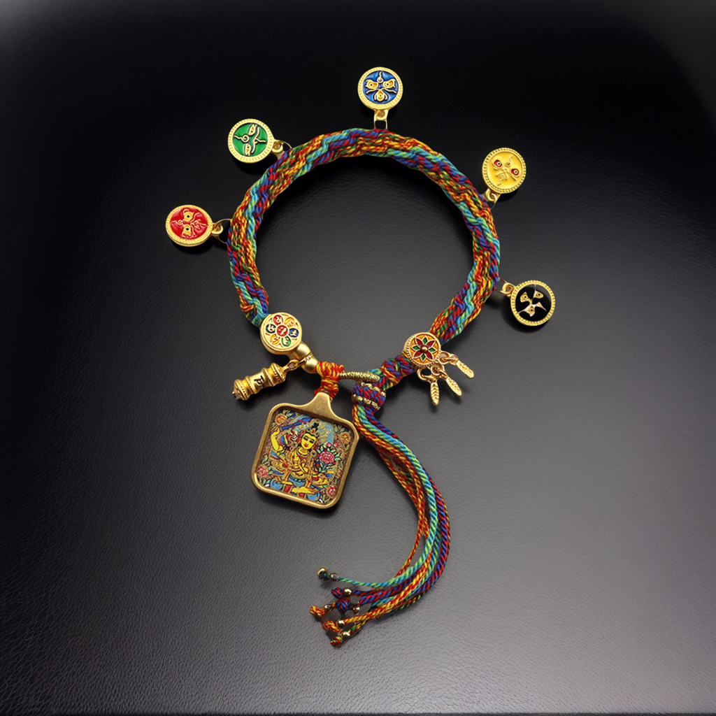 Green Tara — Hand-Painted Gilded Thangka Charm Bracelet (2D) — lifestyle view