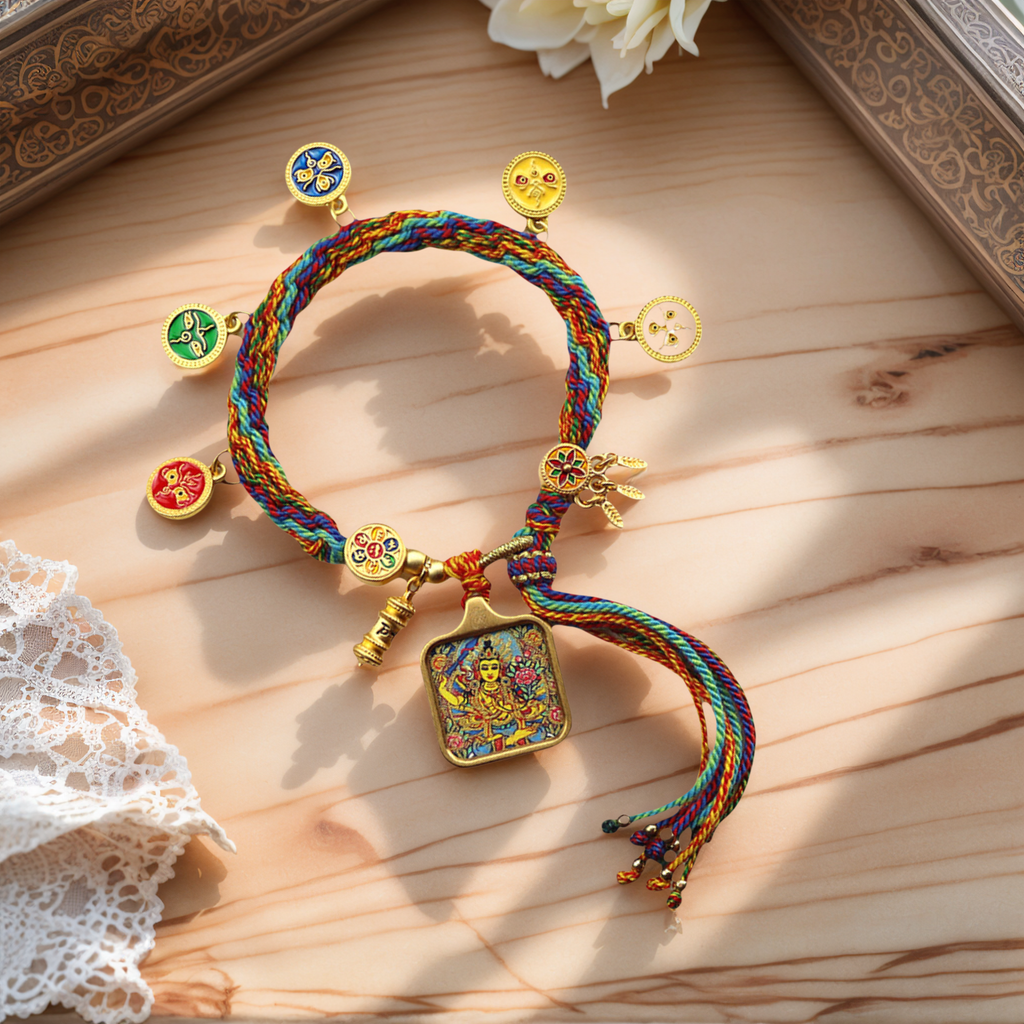 Thousand-Armed Avalokiteshvara — Hand-Painted Gilded Thangka Charm Bracelet (2D) — lifestyle view