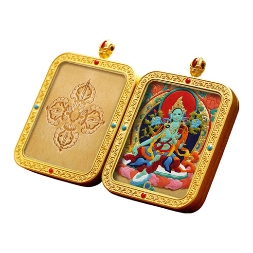 Green Tara — Hand-Carved Leather Thangka Pendant (2D)