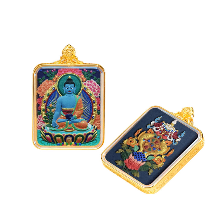Medicine Buddha — Hand-Painted Thangka Pendant, Full Color (2D)