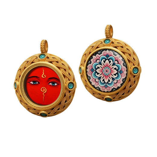 Red Wisdom Eyes — 3D Hand-Painted Tsatsa Relief Thangka Pendant
