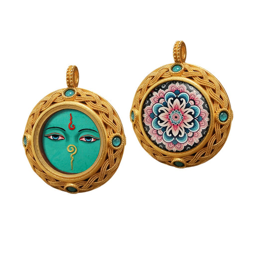 Green Wisdom Eyes — 3D Hand-Painted Tsatsa Relief Thangka Pendant