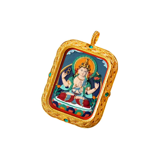 Four-Armed Avalokiteshvara — Hand-Painted Tsatsa Thangka Pendant, Deluxe (3D Relief)
