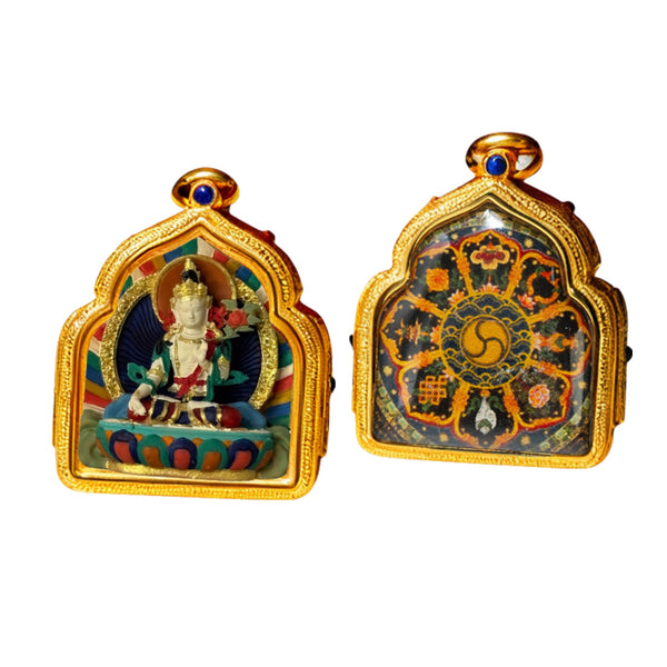 White Tara — Hand-Painted Tibetan Thangka Pendant (3D Relief)
