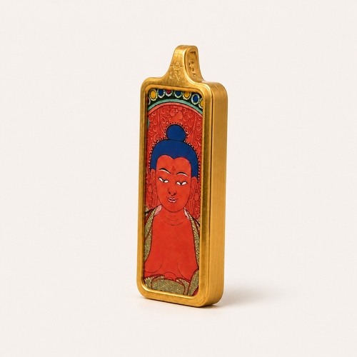 Eastern Luck Amitabha Buddha mini Tibetan thangka pendant — 45 degree side view — image 2 of 10