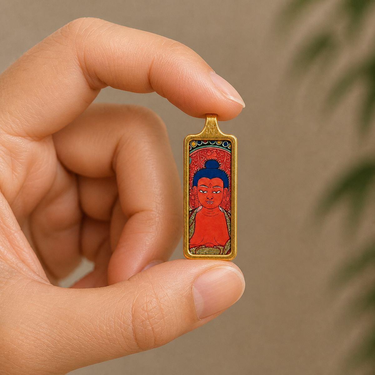 Eastern Luck Amitabha Buddha mini Tibetan thangka pendant — adult hand scale — image 4 of 10