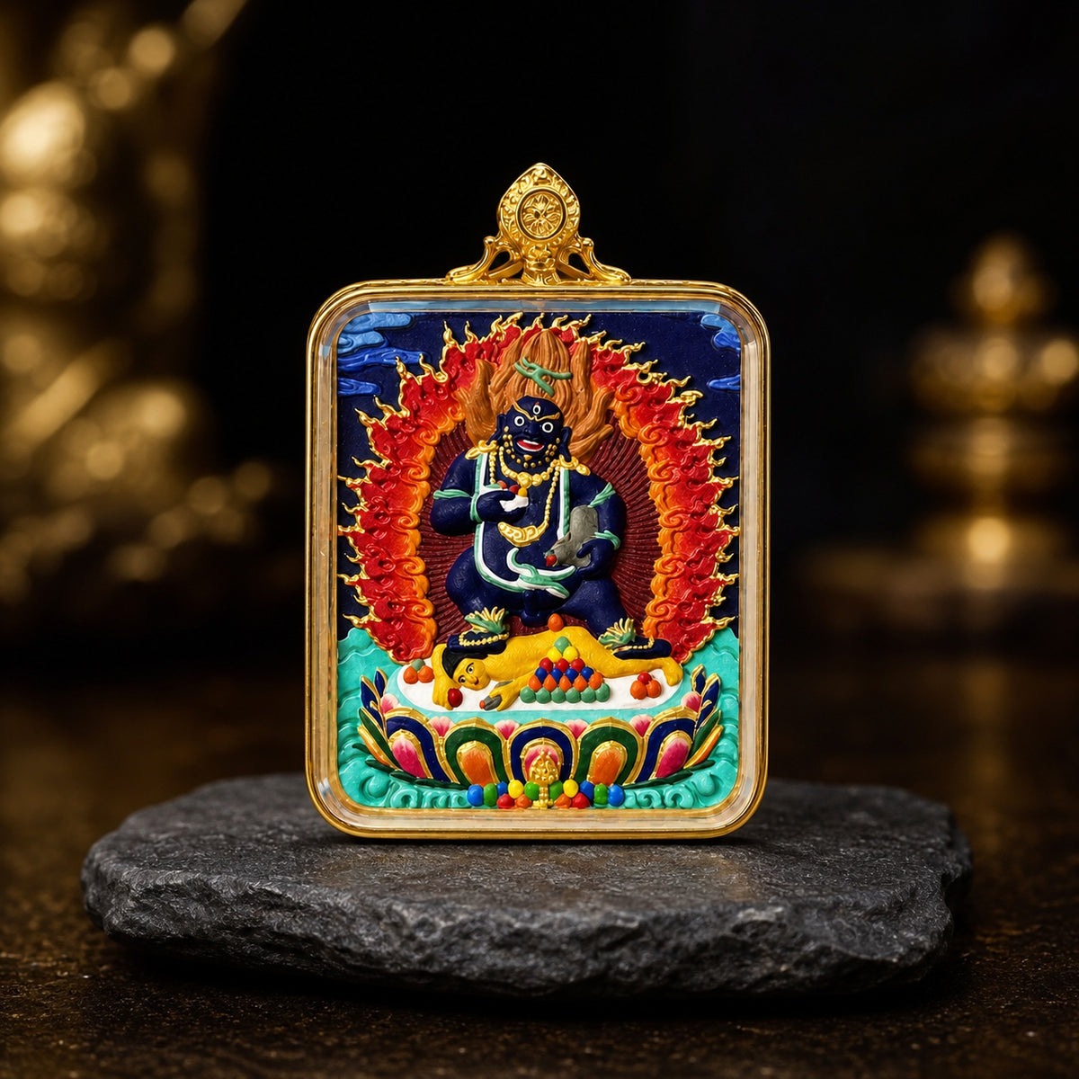 Eastern Luck black jambhala hand painted thangka pendant full color image 4 of 10