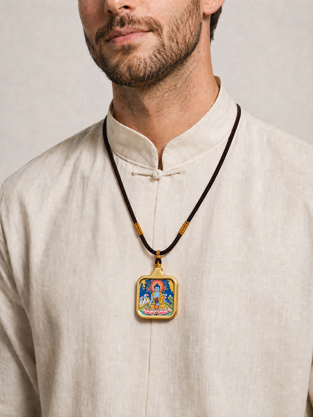 Pendant shown worn to demonstrate size and shape