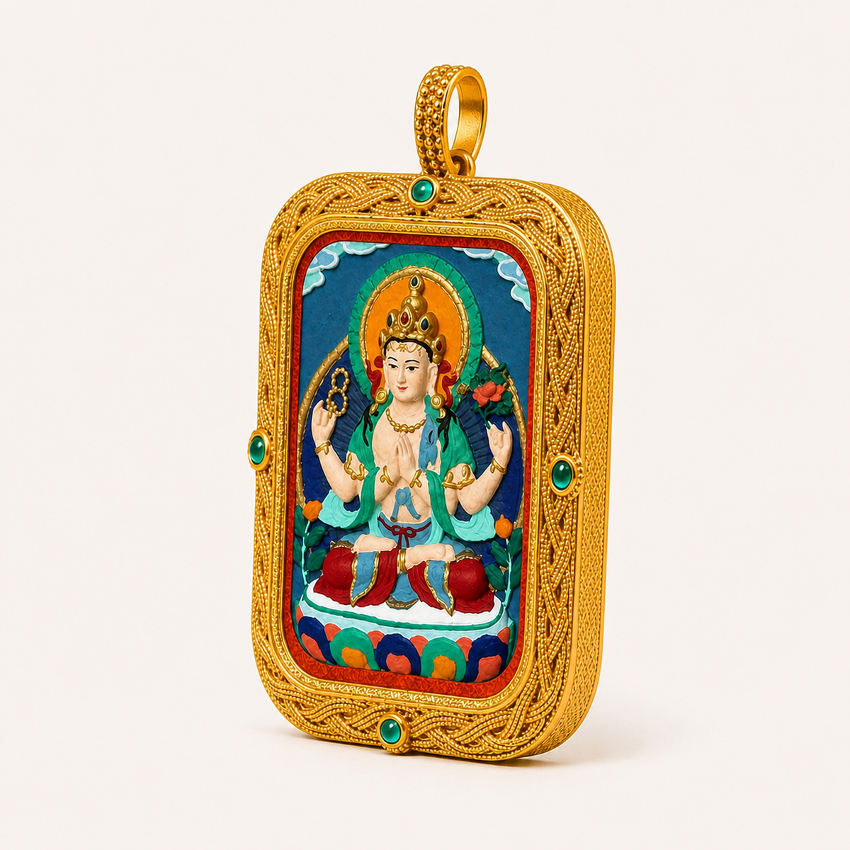 Eastern Luck Four-Armed Avalokiteshvara Deluxe 3D relief Tsatsa pendant — 45 degree side view — image 2 of 10