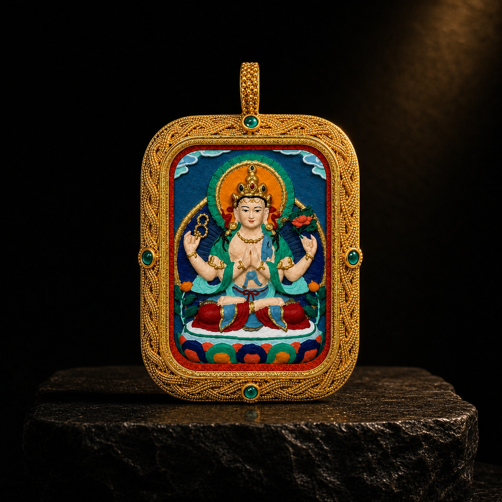 Eastern Luck Four-Armed Avalokiteshvara Deluxe 3D relief Tsatsa pendant — dark stone display — image 3 of 10