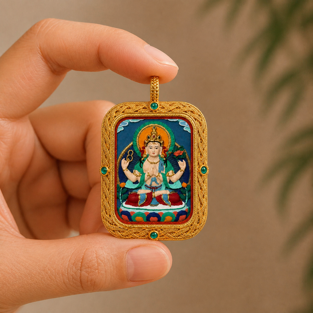 Eastern Luck Four-Armed Avalokiteshvara Deluxe 3D relief Tsatsa pendant — adult hand scale — image 4 of 10