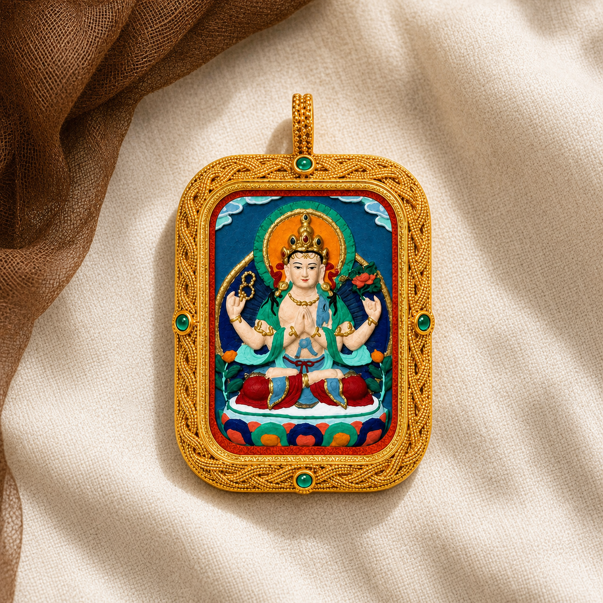 Eastern Luck Four-Armed Avalokiteshvara Deluxe 3D relief Tsatsa pendant — ivory linen still life — image 5 of 10