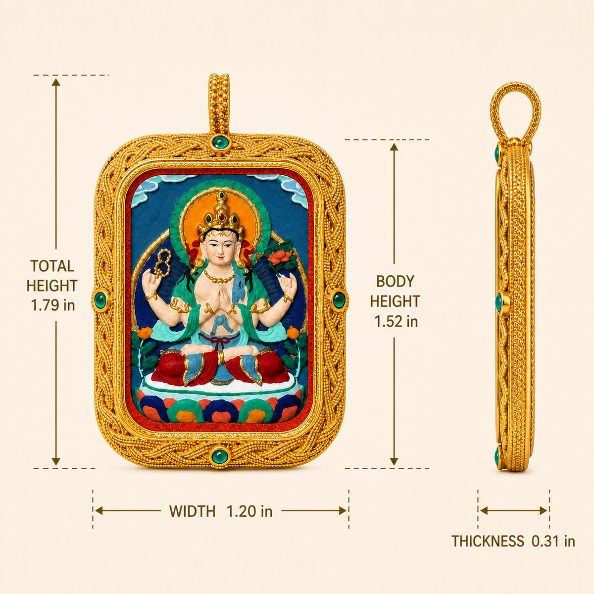 Eastern Luck Four-Armed Avalokiteshvara Deluxe 3D relief Tsatsa pendant — dimensions in inches — image 7 of 10