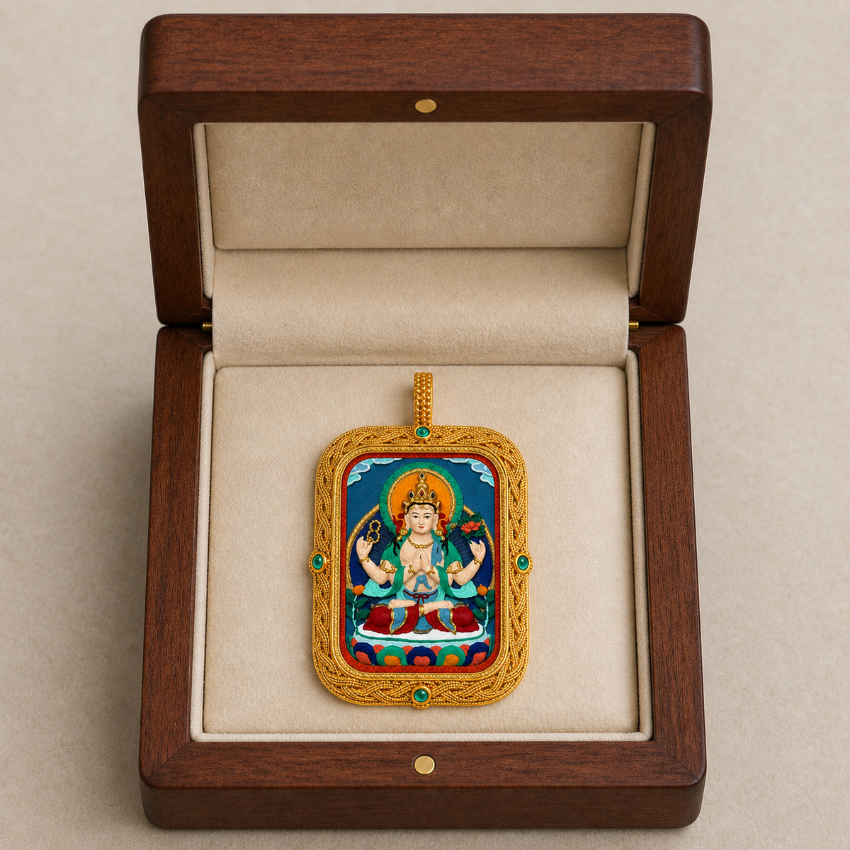 Eastern Luck Four-Armed Avalokiteshvara Deluxe 3D relief Tsatsa pendant — open walnut gift box — image 10 of 10