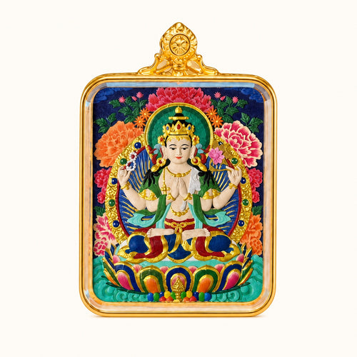 Eastern Luck four armed avalokiteshvara hand painted thangka pendant full color image 1 of 10