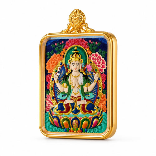 Eastern Luck four armed avalokiteshvara hand painted thangka pendant full color image 2 of 10