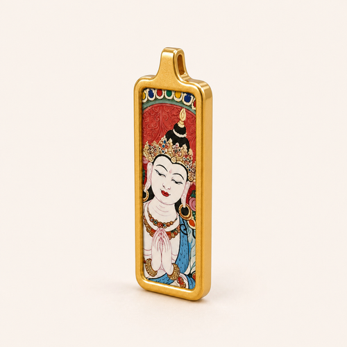 Eastern Luck Four-Armed Avalokiteshvara mini Tibetan thangka pendant — 45 degree side view — image 2 of 10