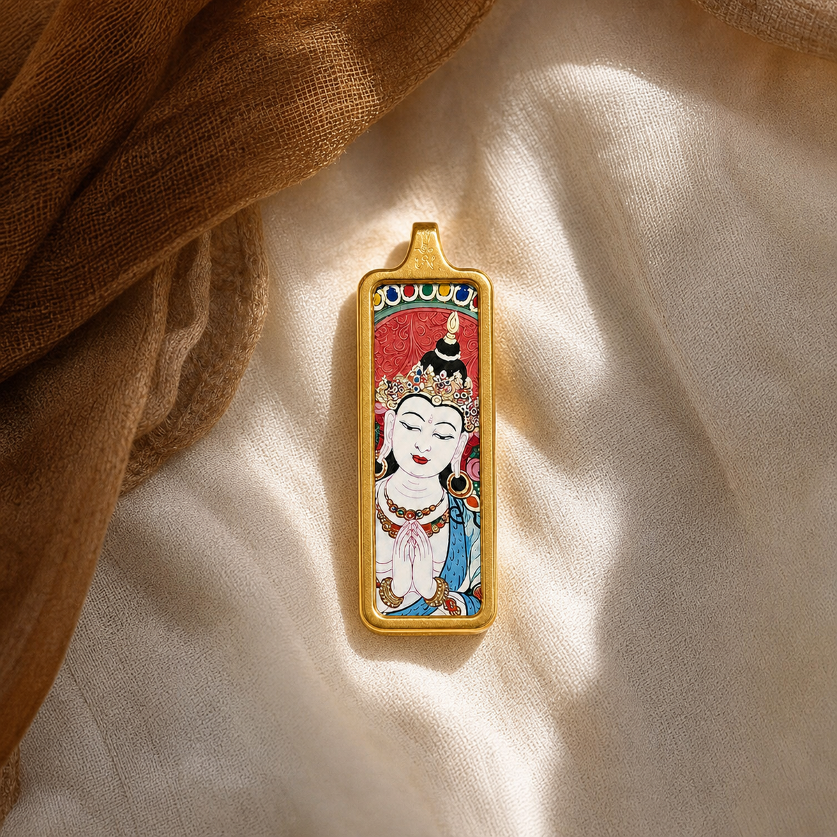 Eastern Luck Four-Armed Avalokiteshvara mini Tibetan thangka pendant — ivory linen still life — image 5 of 10