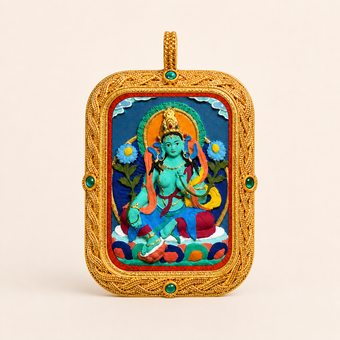 Green Tara — Hand-Painted Tsatsa Thangka Pendant, Deluxe (3D Relief)