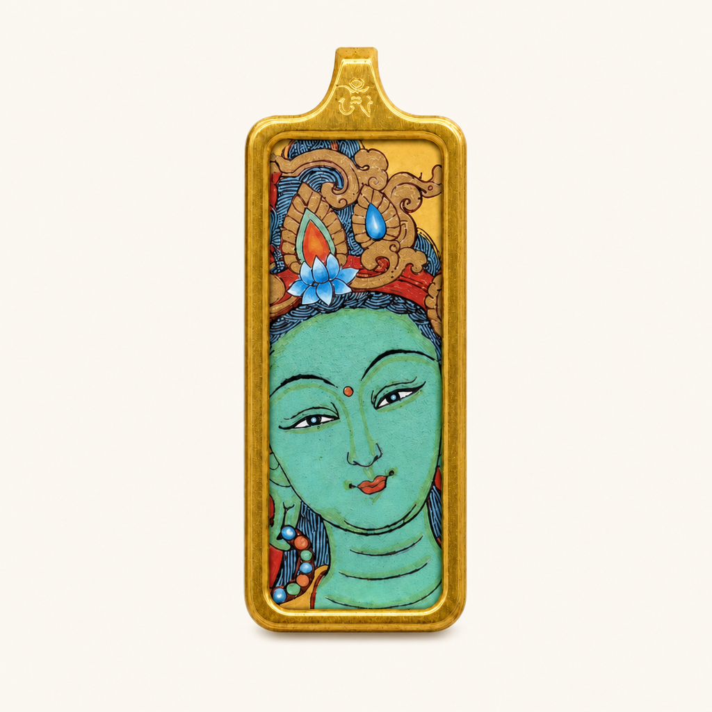 Eastern Luck Green Tara mini Tibetan thangka pendant — front view — image 1 of 10