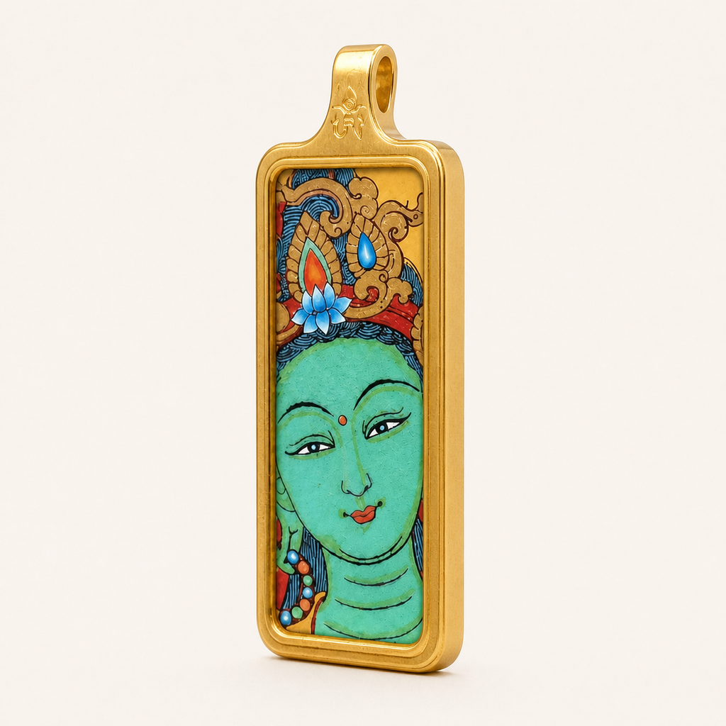Eastern Luck Green Tara mini Tibetan thangka pendant — 45 degree side view — image 2 of 10